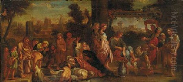 The Death Of Ananias And Sapphira With The Washing Of Peter's Feet (?) Oil Painting by Charles Le Brun