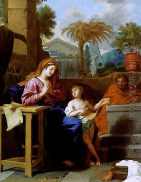 Die Heilige Familie In Agypten Mit Dem Jesusknaben, Der Die Buchstaben Des Hebraischen Alphabets Erklart Oil Painting by Charles Le Brun