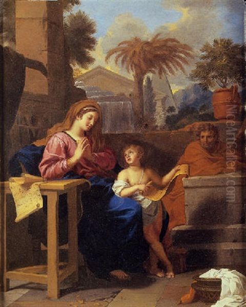 La Sainte Famille En Egypte Avec L'enfant Jesus Expliquant Les Figures De L'alphabet Hebreu Oil Painting by Charles Le Brun