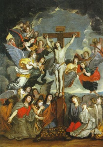 Le Christ En Croix Entoure D'anges Oil Painting by Charles Le Brun