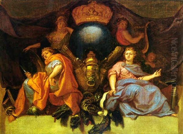 Minerva And The Muses Melpomone, Poyhymnia And Erato Oil Painting by Charles Le Brun