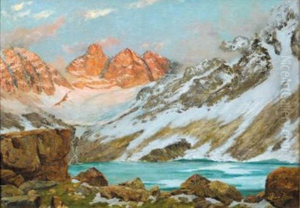 Pics De Belledonne - Glacier De Freydane, Lac Blanc Ou Lac Absinthe Oil Painting by Edouard Brun