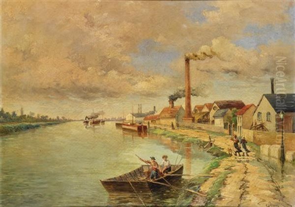 Bords De L'oise Et Vue Des Fabriques A Creil Oil Painting by Edouard Brun