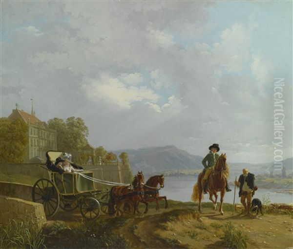 View From A Hilltop Across A Lake, With Figures In An Elegant Horse-drawn Carriage Along A Road, A Grand Building To The Left And A Small Town In The Mountains Beyond Oil Painting by Louis-Auguste Brun