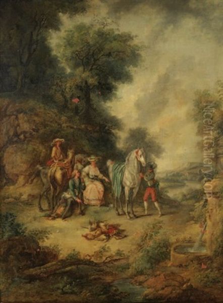 La Halte Des Chasseurs Devant Une Fontaine Oil Painting by Louis-Auguste Brun