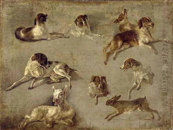 Study Of Seven Dogs, A Goat And A Hare Oil Painting by Louis-Auguste Brun