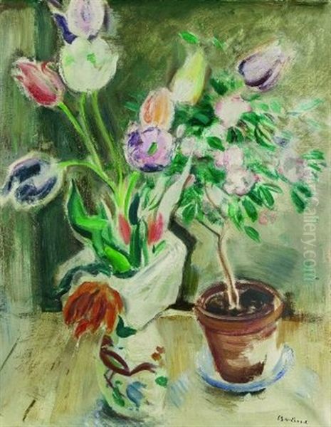 Blumenstillleben (+ Landschaftsstudie, Verso) Oil Painting by Heinrich Brune