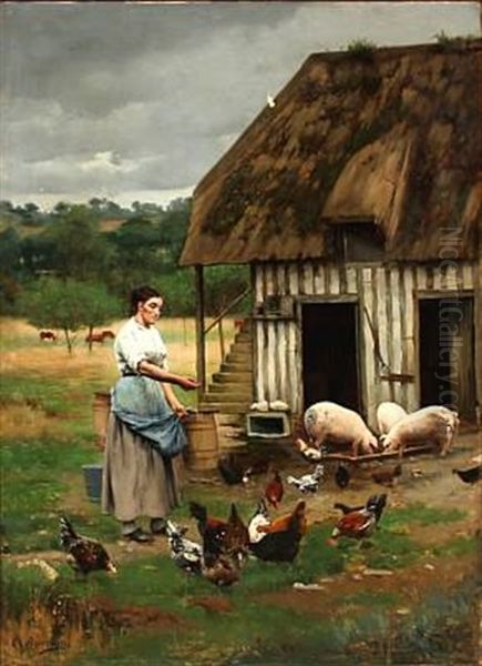 A Girl Feeding Chickens And Pigs Oil Painting by Charles Bruneau