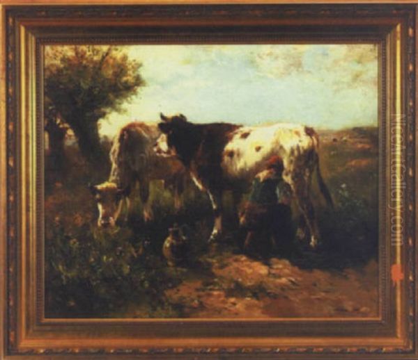 Maiden Milking Cows Oil Painting by Charles Bruneau