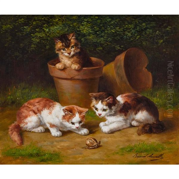 Katzchentrio Mit Weinbergschnecke Oil Painting by Alfred Arthur Brunel de Neuville