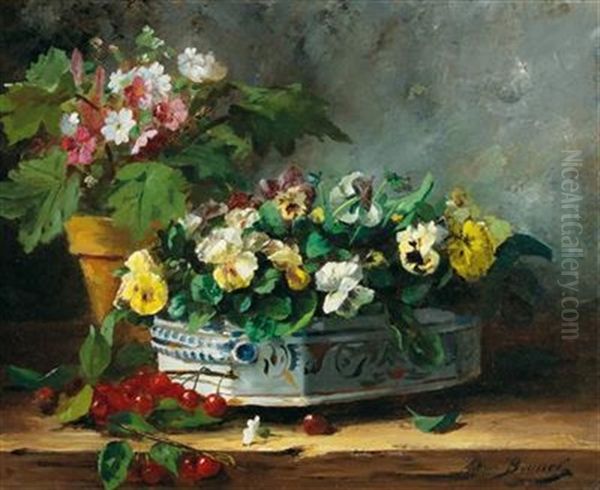 Pansies And Primroses Oil Painting by Alfred Arthur Brunel de Neuville