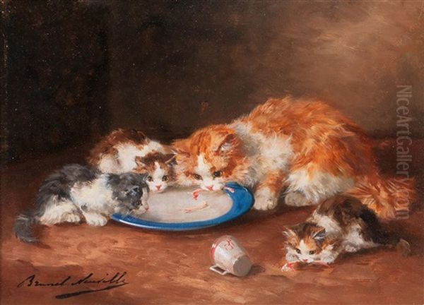 Mother Cat With Three Kittens Oil Painting by Alfred Arthur Brunel de Neuville