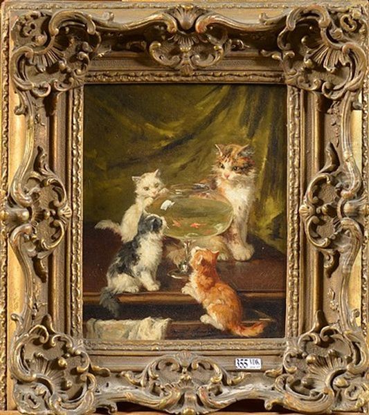 Chatons Jouant Avec Des Poissons Rouges Oil Painting by Alfred Arthur Brunel de Neuville