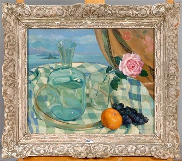 Nature Morte Au Carafon, Aux Fruits Et A La Rose Oil Painting by Umberto Brunelleschi