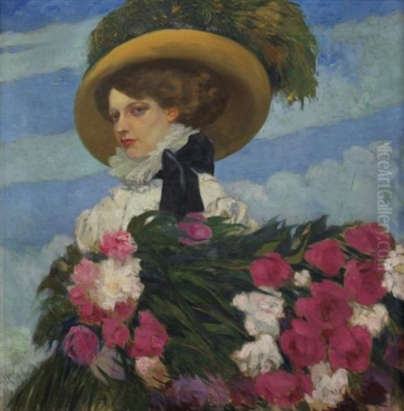 Femme Au Bouquet De Pivoines Oil Painting by Umberto Brunelleschi