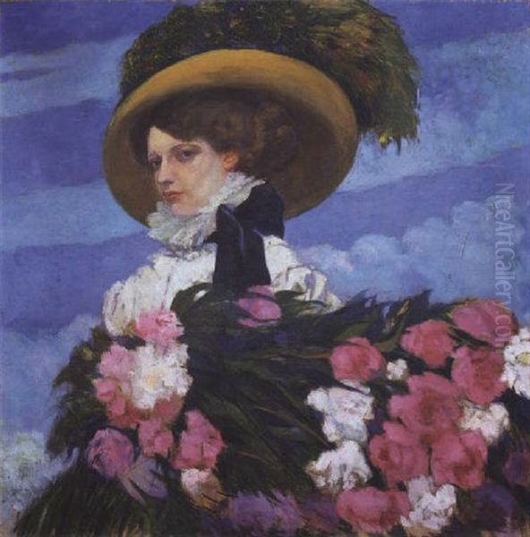 Femme Au Bouquet De Pivoines Oil Painting by Umberto Brunelleschi