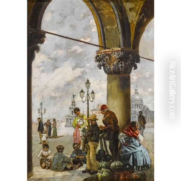 Gemuseverkaufer Unter Den Arkaden Der Piazzetta In Venedig Oil Painting by Francois Brunery