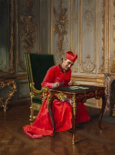 Portrait Of A Cardinal Playing Cards Oil Painting by Francois Brunery