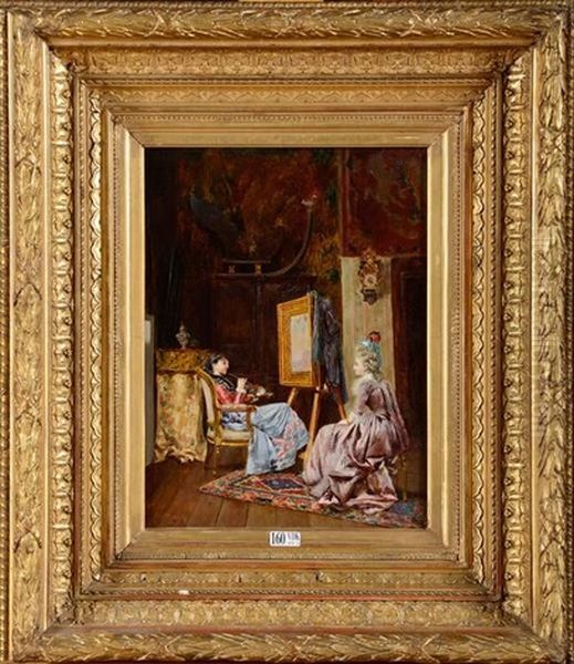 Peintre Et Son Modele Dans L'atelier Oil Painting by Francois Brunery