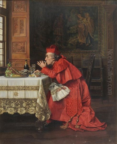 Interior Scene With A Cardinal Eating Oysters And Drinking Champagne Oil Painting by Francois Brunery