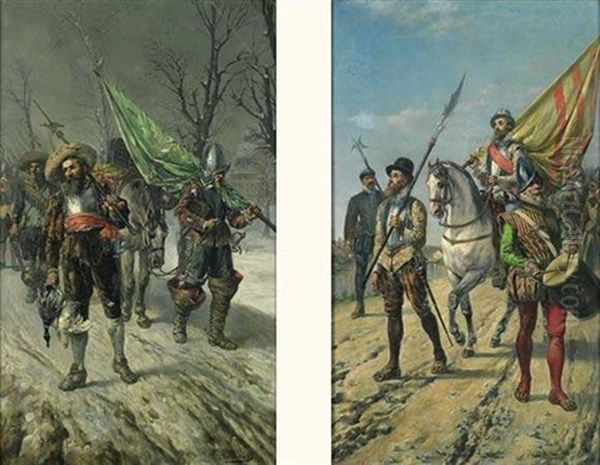 Parade Des Officiers (+ Another; Pair) Oil Painting by Francois Brunery