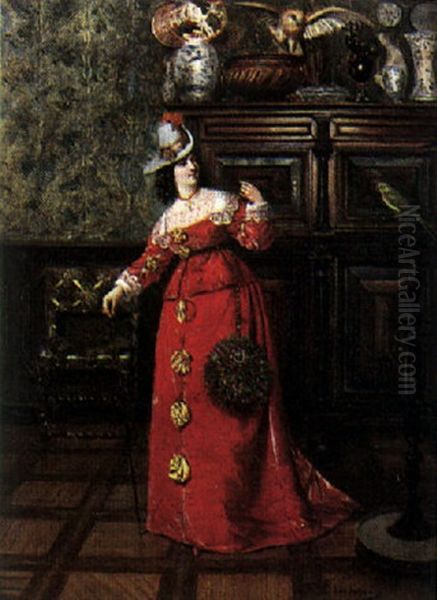 A Lady And Her Parrot Oil Painting by Francois Brunery