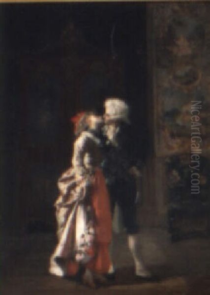 Interior Scene With Embracing Couple Oil Painting by Francois Brunery