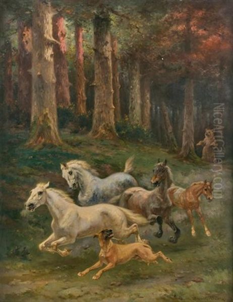 Chevaux Et Chien Effrayes Par Un Ours Oil Painting by Pierre Auguste Brunet-Houard