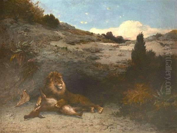 Lion Devorant Une Antilope Oil Painting by Pierre Auguste Brunet-Houard