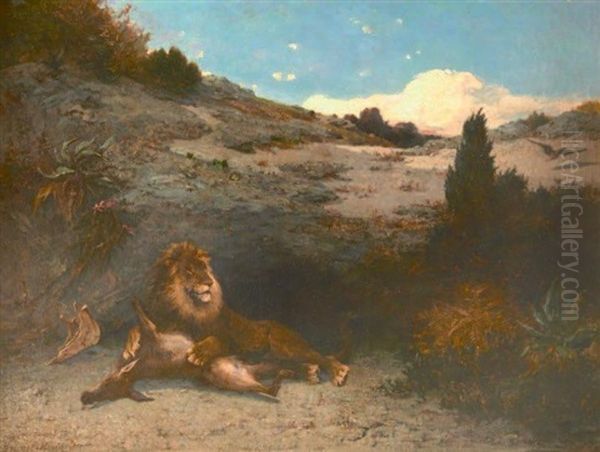 Lion Devorant Une Antilope Oil Painting by Pierre Auguste Brunet-Houard