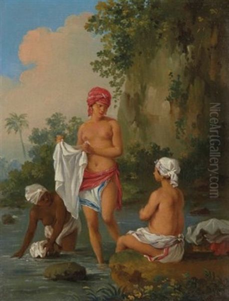 Free Women Of Dominica Washing Clothes In A Stream Oil Painting by Agostino Brunias