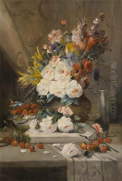 Composition Aux Roses Sur Un Entablement Oil Painting by Charles Brunin