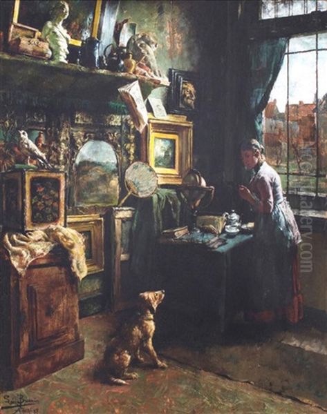 In The Studio Oil Painting by Leon de Meutter Brunin