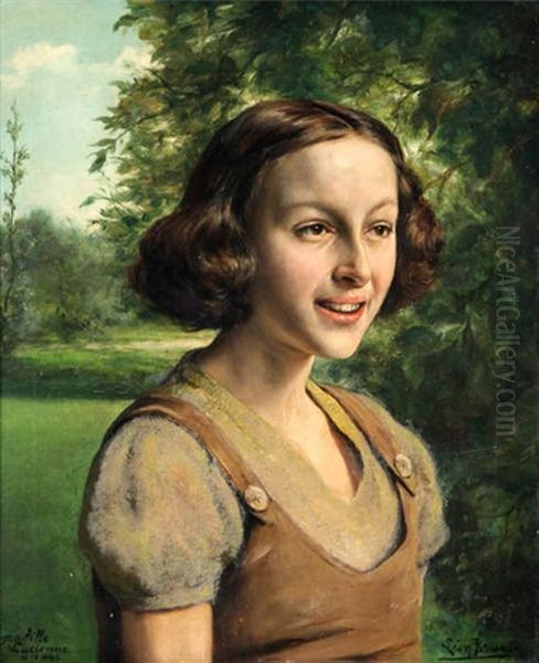 Ma Fille Lucienne A Dix Ans Oil Painting by Leon de Meutter Brunin