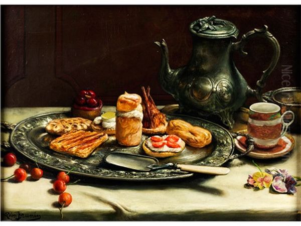 Stillleben Mit Sussen Pasteten Und Kaffeegeschirr Oil Painting by Leon de Meutter Brunin