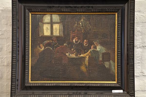 Le Bourgeois A Table Oil Painting by Leon de Meutter Brunin