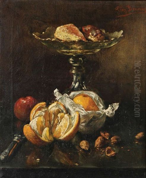 Nature Morte Aux Oranges, Noix Et Patisserie Sur Un Plat Oil Painting by Leon de Meutter Brunin