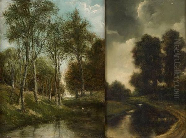 Paysage (+ Another, Smllr; 2 Works) Oil Painting by Leon de Meutter Brunin