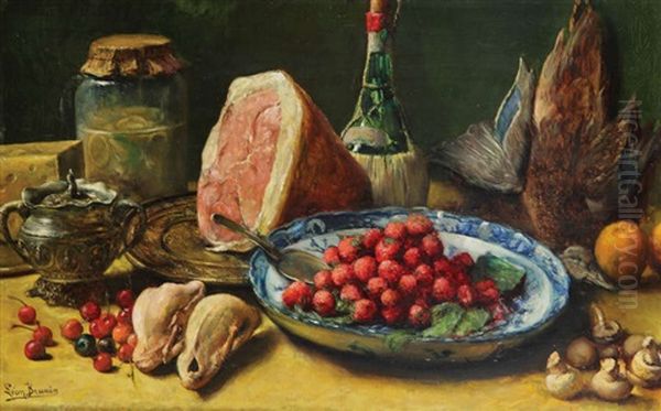 Nature Morte Aux Fraises, Jambon, Volaille, Legumes Et Fruits Oil Painting by Leon de Meutter Brunin