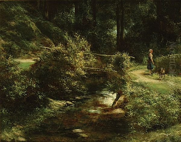 Herderin Bij Een Bruggetje Te Malmedy Oil Painting by Leon de Meutter Brunin