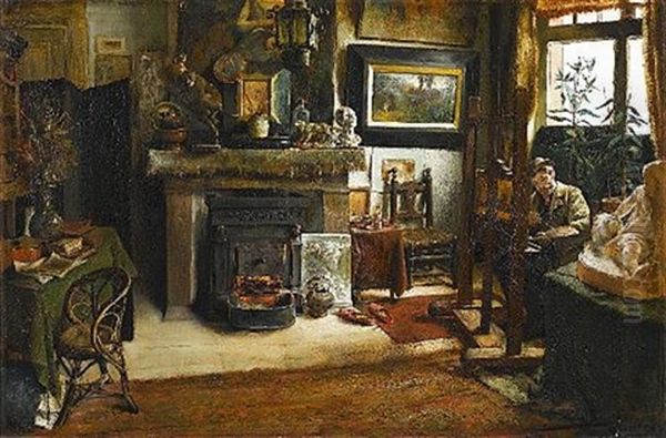 In The Artist's Studio Oil Painting by Leon de Meutter Brunin