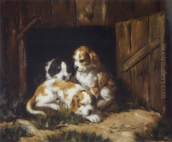 Les Chiots Oil Painting by Leon de Meutter Brunin