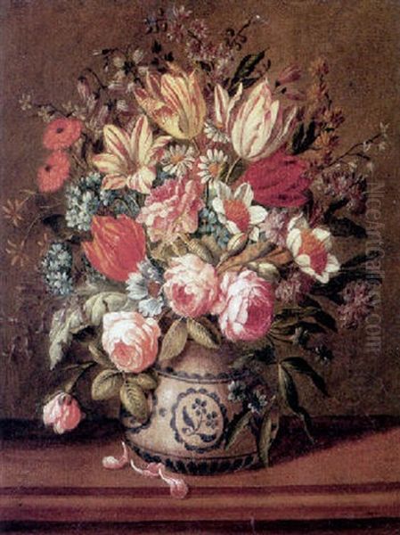 A Still Life Of Tulips, Narcissi And Other Flowers In A Pottery Vase On A Wooden Table by Leopold Brunner the Elder