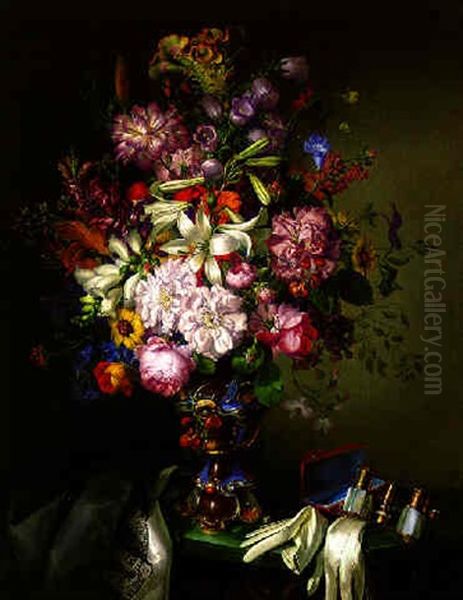 Flowers In A Rocaille Molded Vase, With Gloves, Opera Glasses And A Shawl On A Marble Table Oil Painting by Leopold Brunner the Elder