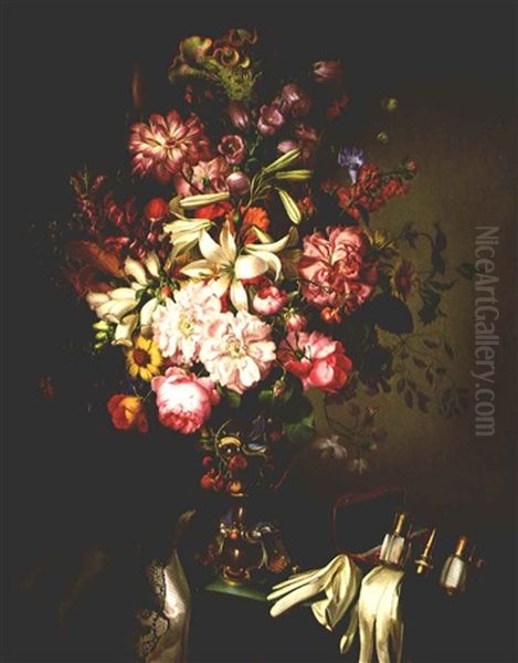 Still Life With A Vase Of Flowers And Opera Glasses Oil Painting by Leopold Brunner the Elder