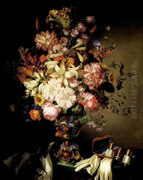 A Still Life Of Flowers And Opera Glasses Oil Painting by Leopold Brunner the Elder