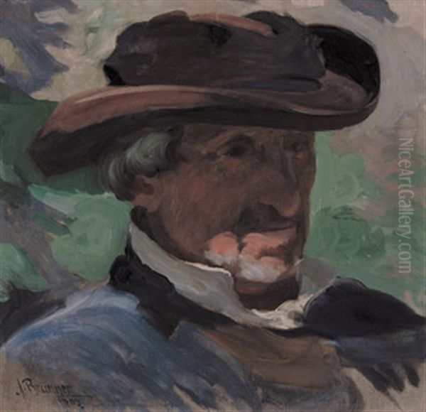 Herrenportrait Mit Hut Oil Painting by Alois Brunner