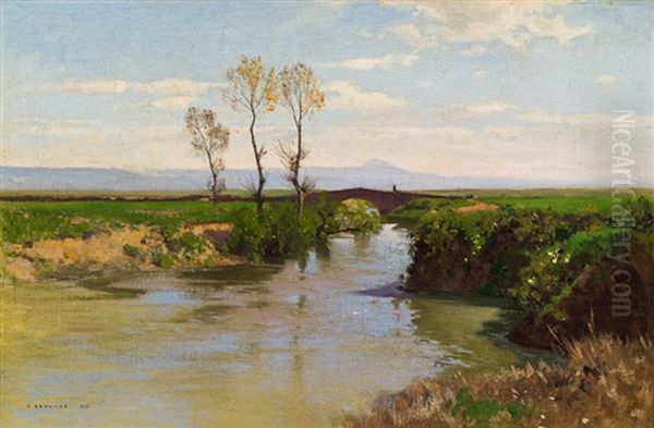 Wide River Landscape Oil Painting by Ferdinand Brunner