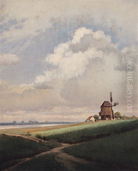 Nordliche Flusslandschaft Mit Windmuhle Im Sonnigen Licht An Einem Sommertag Oil Painting by Ferdinand Brunner