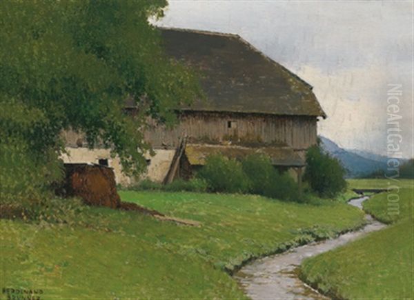 Bauernhaus Am Bach Oil Painting by Ferdinand Brunner